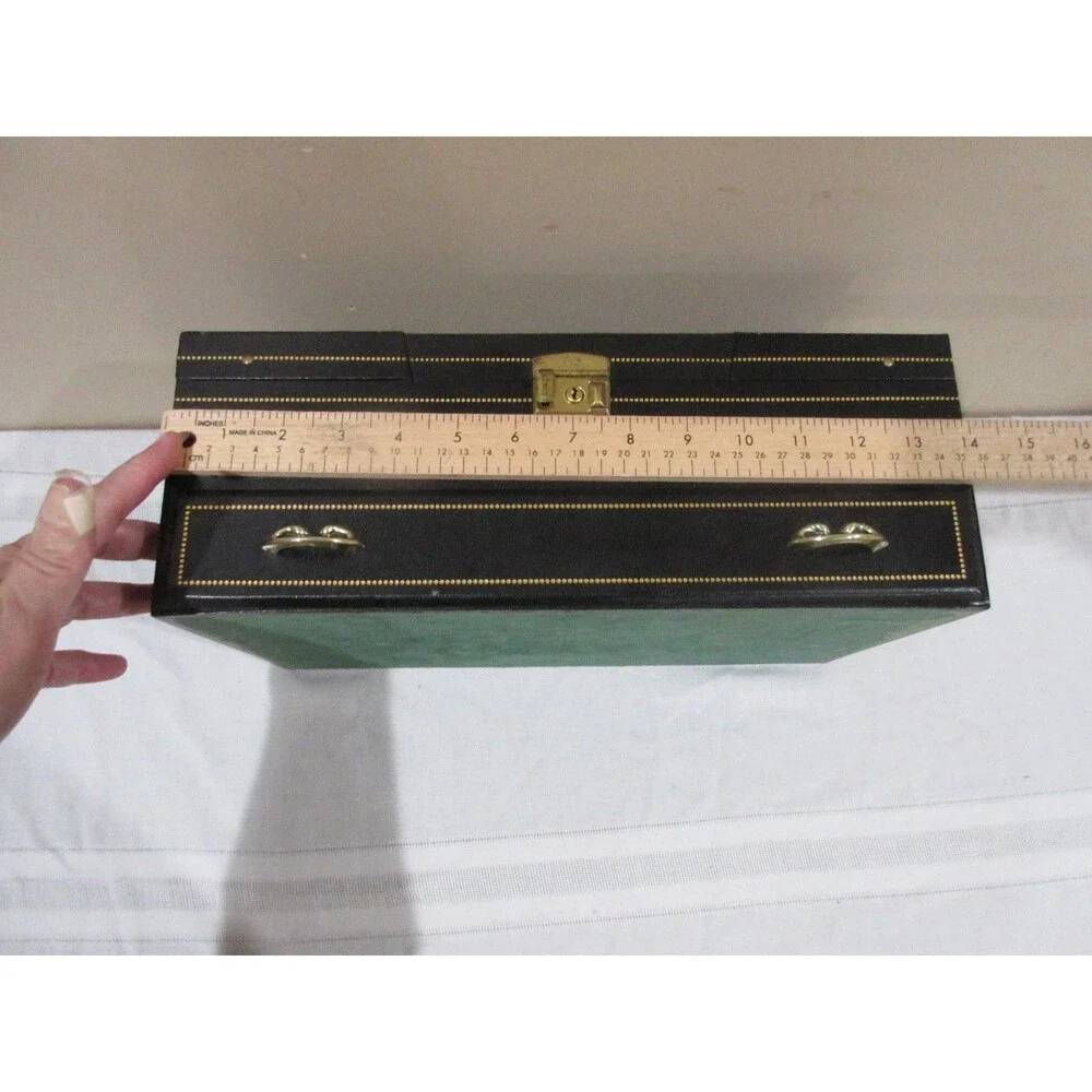 Vtg, Black Faux Leather Mell MCM Jewelry Box Red Velvet 25+Piece Tiered with KEY